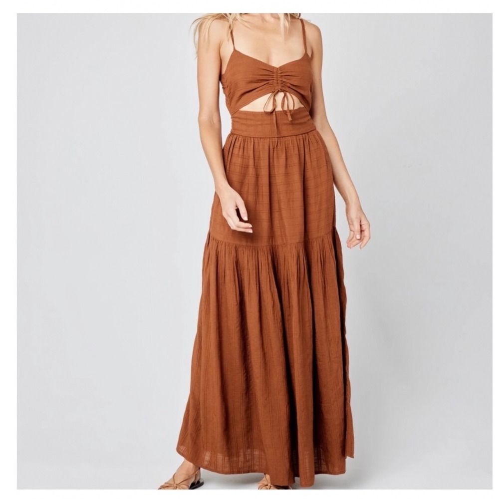 LSpace Zuri Maxi Dress Coffee Brown Cutout Tiered Boho Smocked Back Womens Small